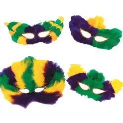 Party Central Club Pack Of 12 Yellow And Green Mardi Gras Fanci-Feather Unisex Adult Halloween Masks - One Size