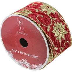 Ribbon*Northlight Cranberry Red And Gold Poinsettia Christmas Wired Craft Ribbon 2.5" X 10 Yards