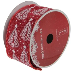 Ribbon*Northlight Cranberry Red And White Trees Burlap Wired Christmas Craft Ribbon 2.5" X 10 Yards