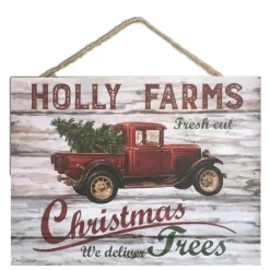 Signs & Plaques*Glow Decor Cream White And Red Holly Farms Rectangular Sign With Rope Hanger 7" X 10"