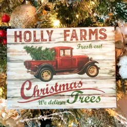 Signs & Plaques*Glow Decor Cream White And Red Holly Farms Rectangular Sign With Rope Hanger 7" X 10"
