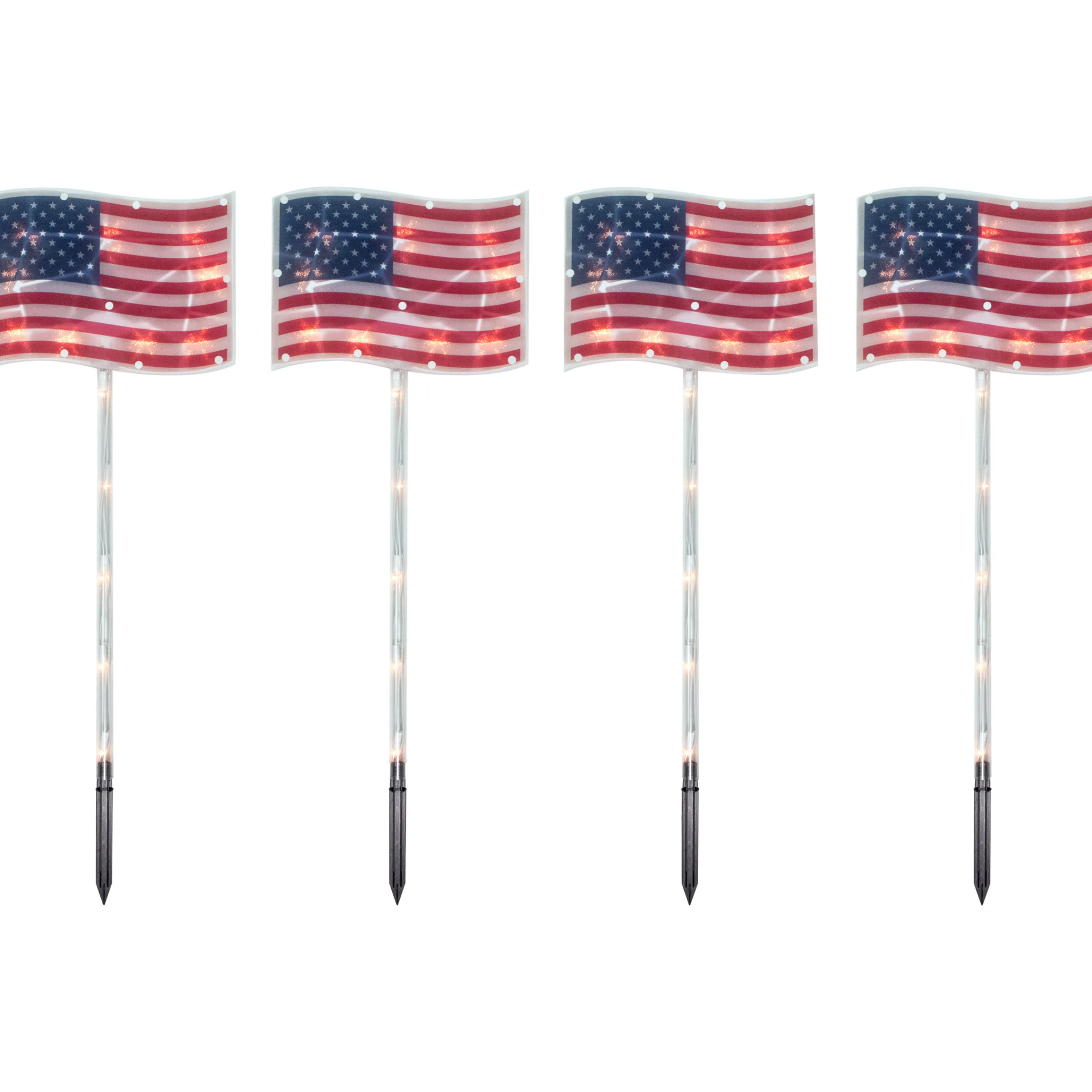 Northlight 4Ct Patriotic American Flag 4Th Of July Pathway Marker Lawn Stakes, Clear Lights
