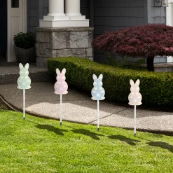 Northlight 4Ct Plaid Pastel Bunny Easter Pathway Marker Lawn Stakes, Clear Lights