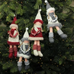 Northlight Fantasy & Sci Fi>4Ct Red And Gray Girls With Scarves Christmas Doll Ornaments 12"