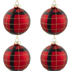 Northlight Glass Balls>4Ct Red, Black And Gold Plaid Glass Ball Christmas Ornaments 3.25"