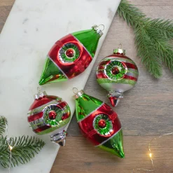 Northlight Finials>4Ct Red, Green And Silver Vintage Glass Christmas Ornaments 3.25-Inch (80Mm)