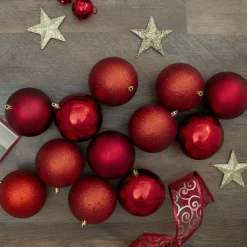 Northlight Shatterproof>12Ct Red Shatterproof 4-Finish Christmas Ball Ornaments 4" (100Mm)