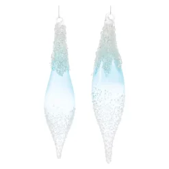 Melrose Finials>12Ct White And Blue Beaded Glass Christmas Drop Ornaments 9"
