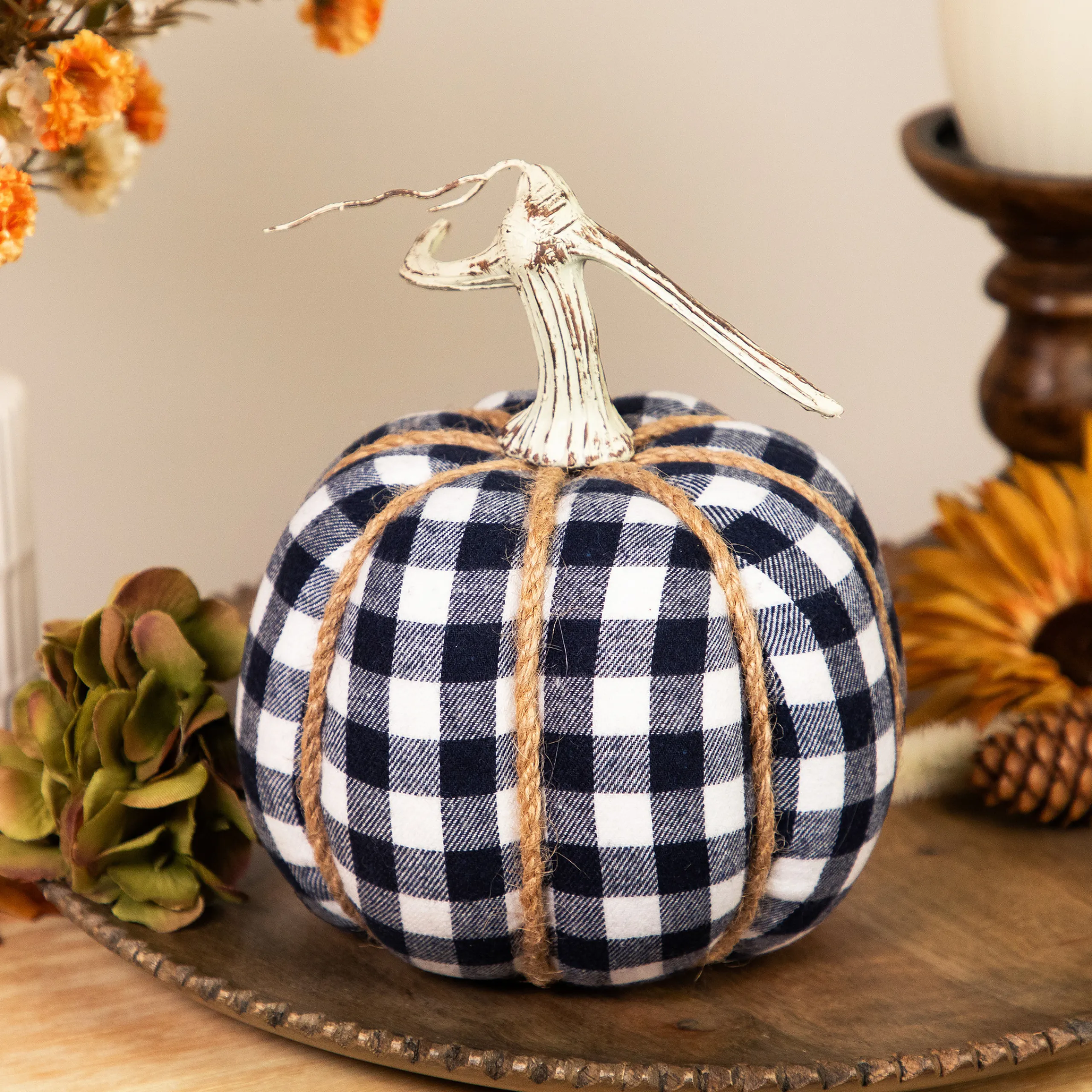 Northlight Dark Blue And White Plaid Fall Harvest Tabletop Pumpkin