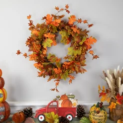 Northlight Fall Harvest Gold Berries And Autumn Leaves Artificial Twig Wreath - 22-Inch, Unlit