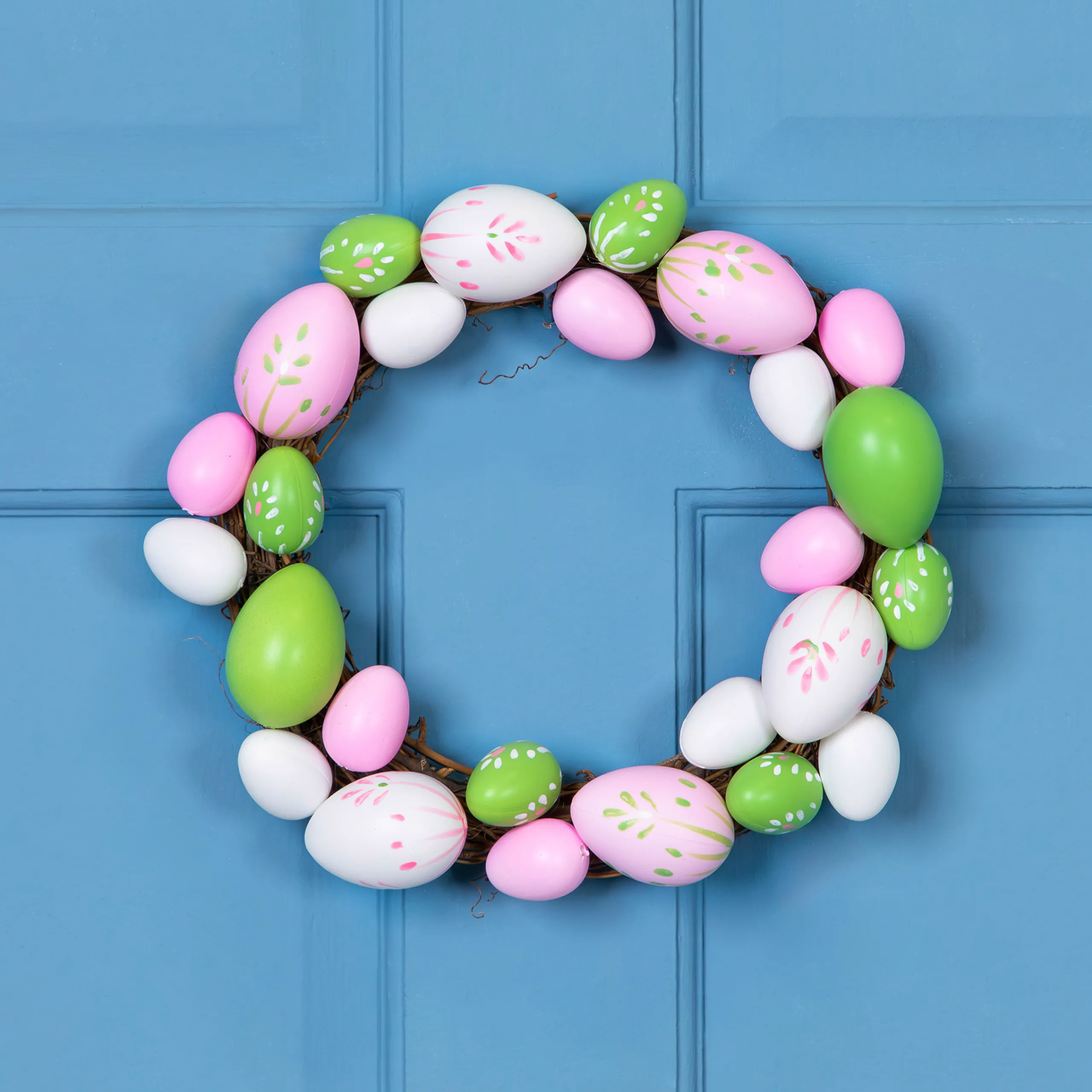 Northlight Floral Stem Easter Egg Spring Grapevine Wreath, Pink And Green 10-Inch