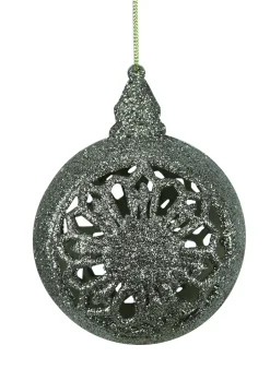 Raz Balls>Glitter Drenched Seaweed Green And Silver Floral Cutout Christmas Ball Ornament 4.5" (115Mm)