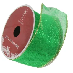 Ribbon*Northlight Glittering Green And Gold Solid Wired Christmas Craft Ribbon 2.5