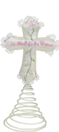 Unlit Tree Toppers*Roman God Bless Baby's First Christmas Cross Tree Topper For Baby Girl #25963