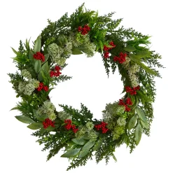 Specialty Wreaths*Nearly Natural Green And Red Artificial Cedar, Eucalyptus And Berries Christmas Wreath, 24-Inch, Unlit