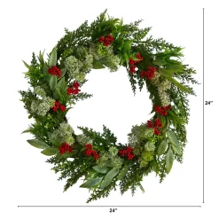 Specialty Wreaths*Nearly Natural Green And Red Artificial Cedar, Eucalyptus And Berries Christmas Wreath, 24-Inch, Unlit