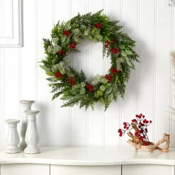 Specialty Wreaths*Nearly Natural Green And Red Artificial Cedar, Eucalyptus And Berries Christmas Wreath, 24-Inch, Unlit