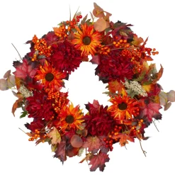 Specialty Wreaths*Northlight Leaves And Flowers Fall Harvest Wreath - 24-Inch, Unlit