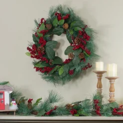 Berry Wreaths*Northlight Leaves, Berry And Pine Needle Artificial Christmas Wreath - 24-Inch, Unlit