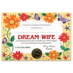 Beistle Pack Of 6 ''Dream Wife'' Certificate 5" X 7"