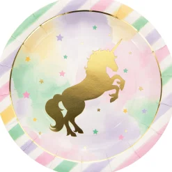 Party Central Pack Of 96 Fresh Mint And Pink Unicorn Sparkle Foil Stamped Dinner Plates 8.75"