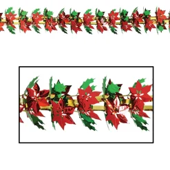 Specialty Garland*Beistle Pack Of 12 Metallic Christmas Poinsettia And Holly Garland 9'
