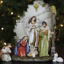 Nativities*Roman 7-Piece Brown Joseph's Studio Nativity With Back Wall Christmas Table Top Decoration 12