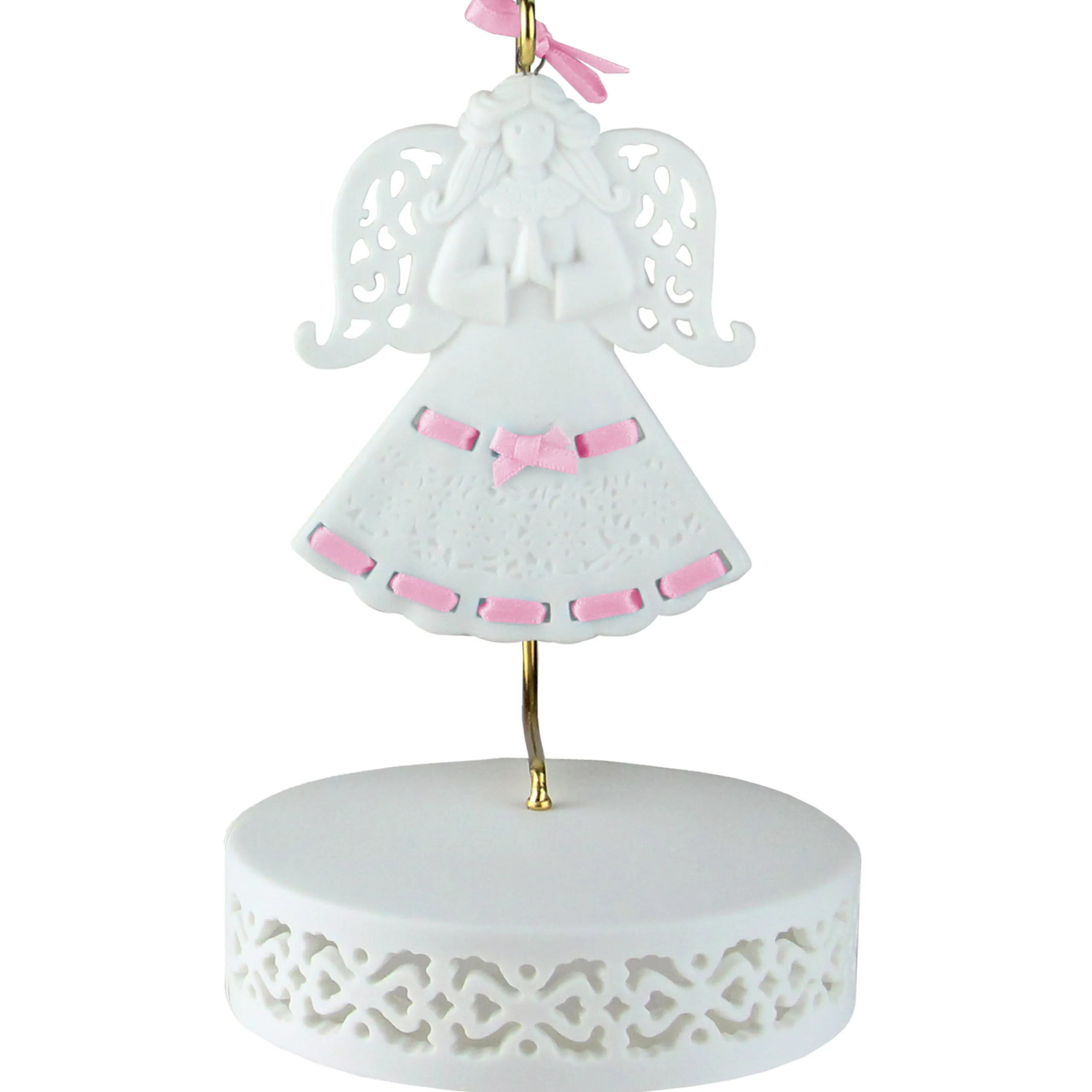 Roman Angels & Cherubs>Pink Ribbon Porcelain Angel Ornament With Hanger And Base #46721G