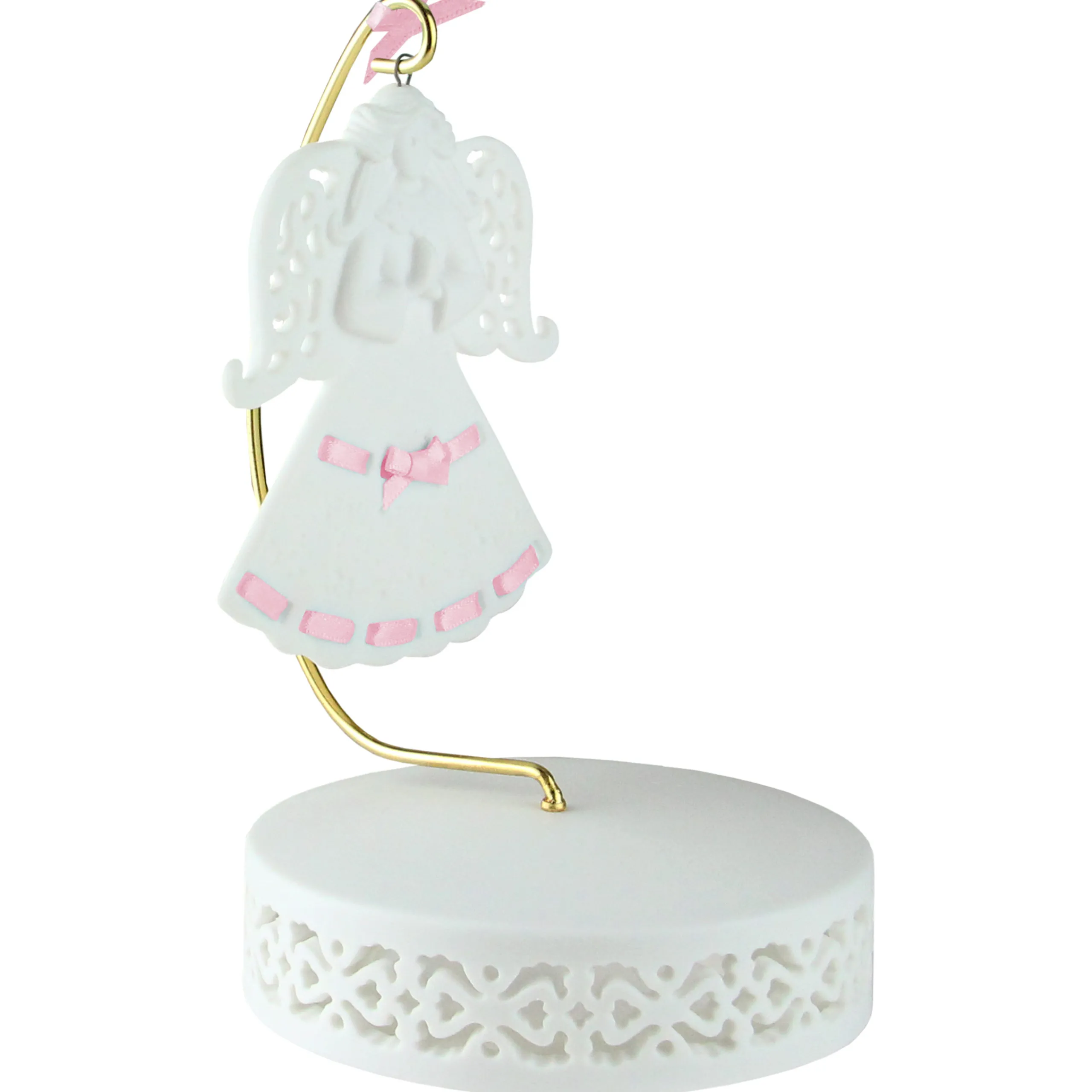 Roman Angels & Cherubs>Pink Ribbon Porcelain Angel Ornament With Hanger And Base #46721G