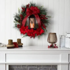 Specialty Wreaths*Nearly Natural Poinsettia And Berry Artificial Christmas Wreath With Lantern, 28-Inch