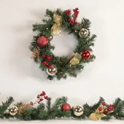 Pre-Lit Wreaths*Northlight Pre-Lit Decorated Burgundy And Gold Pine Artificial Christmas Wreath, 16-Inch, Warm White Led