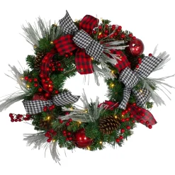 Pre-Lit Wreaths*Northlight Pre-Lit Decorated Plaid And Houndstooth Artificial Christmas Wreath - 24-Inch, Warm White Lights