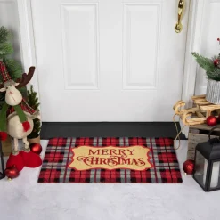 Wall & Door Decorations*Northlight Red And Black Plaid "Merry Christmas" Rectangular Doormat 18" X 30"