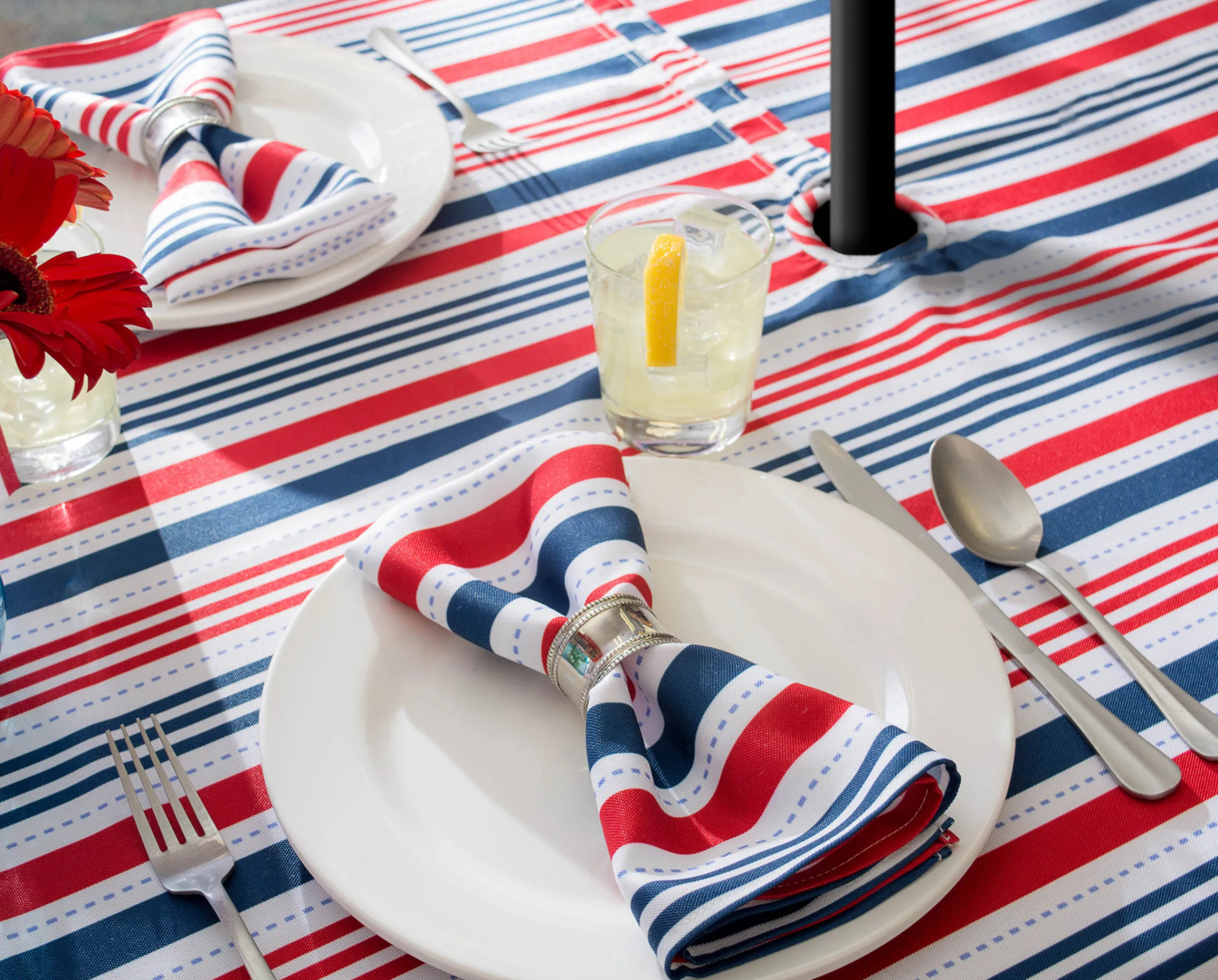 CC Home Furnishings Red And Blue Patriotic Striped Round Tablecloth With Zipper 60"