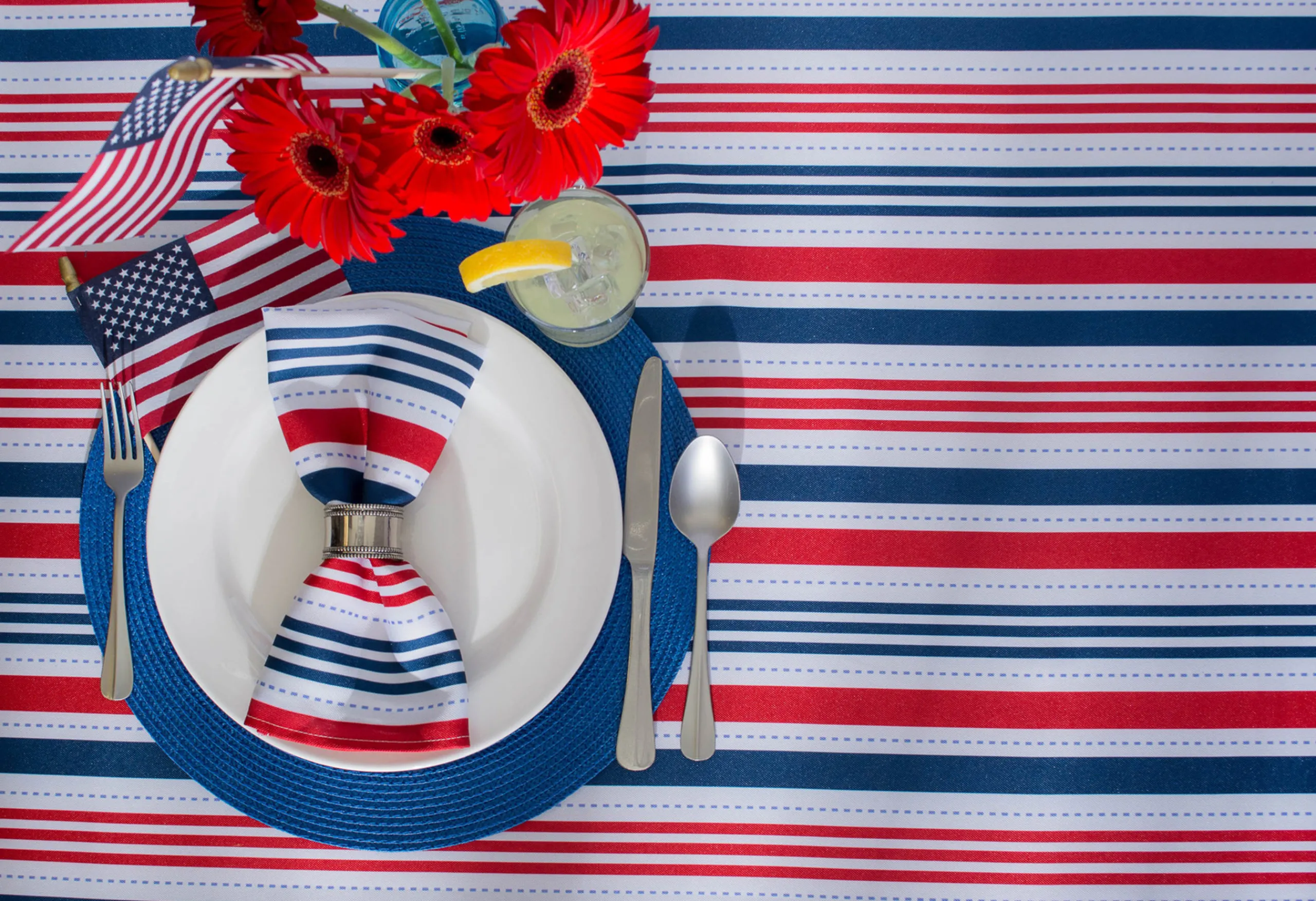 CC Home Furnishings Red And Blue Patriotic Striped Round Tablecloth With Zipper 60"