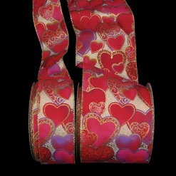 The Ribbon People Red And Gold Golden Heart Printed Wired Craft Ribbon 2" X 20 Yards