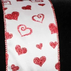 The Ribbon People Red And White Scrolled Sparkling Hearts Wired Craft Ribbon 2.5" X 20 Yards