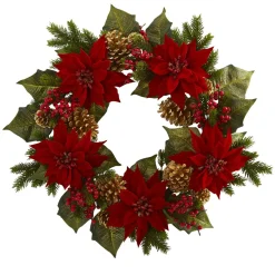 Specialty Wreaths*Nearly Natural Red Poinsettias With Berries And Pinecones Artificial Christmas Wreath, 24-Inch, Unlit