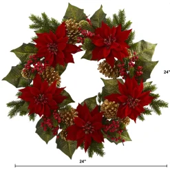 Specialty Wreaths*Nearly Natural Red Poinsettias With Berries And Pinecones Artificial Christmas Wreath, 24-Inch, Unlit