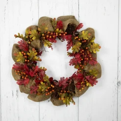 Northlight Rustic Burlap Fall Harvet Wreath With Acorns And Berries, 18-Inch