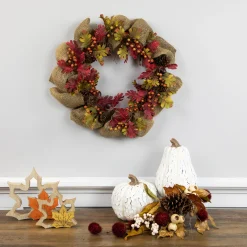 Northlight Rustic Burlap Fall Harvet Wreath With Acorns And Berries, 18-Inch