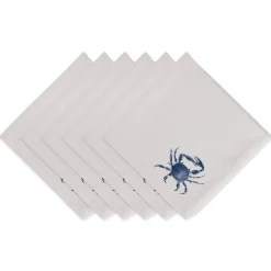 Contemporary Home Living Set Of 6 20" X 20" Blue And White Crab Printed Tonal Fringe Napkins