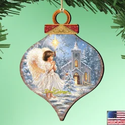 Designocracy Angels & Cherubs>Set Of 2 Angel At The Chapel Onion Shaped Wooden Christmas Ornaments 5.5"