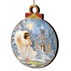 Designocracy Angels & Cherubs>Set Of 2 Angel At The Chapel Round Wooden Christmas Ornaments 5.5"