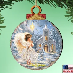 Designocracy Angels & Cherubs>Set Of 2 Angel At The Chapel Round Wooden Christmas Ornaments 5.5"
