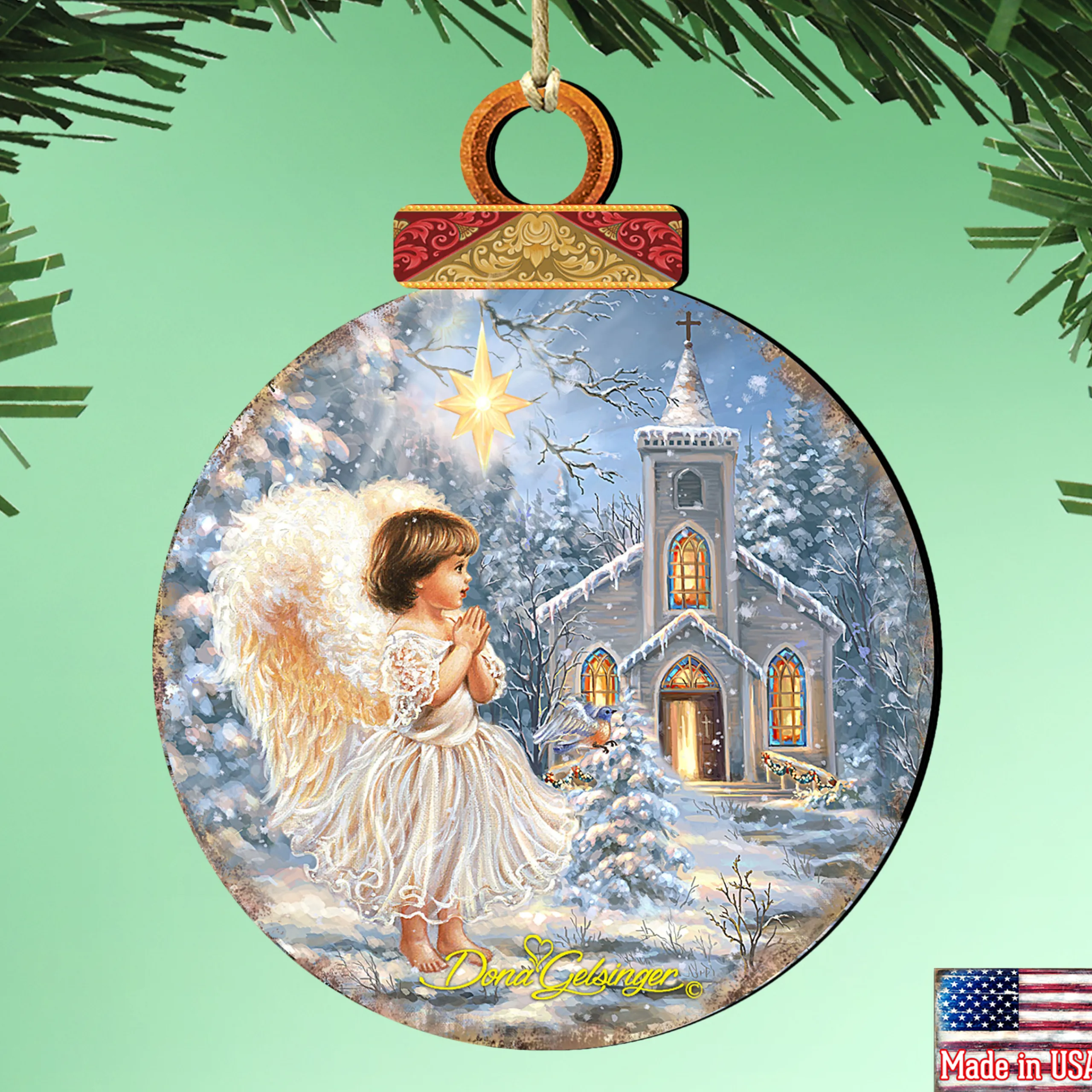 Designocracy Angels & Cherubs>Set Of 2 Angel At The Chapel Round Wooden Christmas Ornaments 5.5"