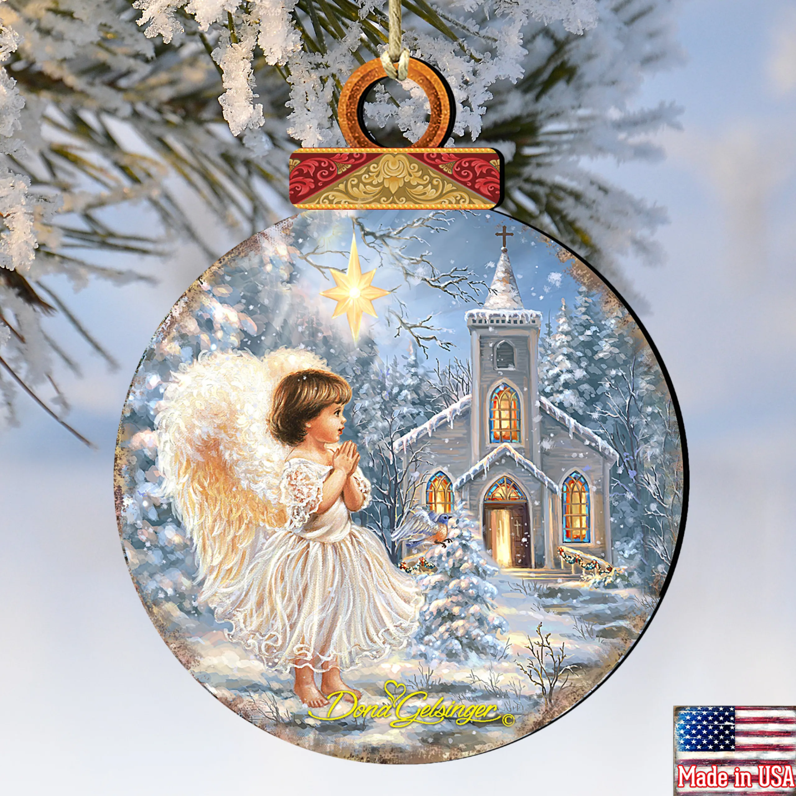 Designocracy Angels & Cherubs>Set Of 2 Angel At The Chapel Round Wooden Christmas Ornaments 5.5"