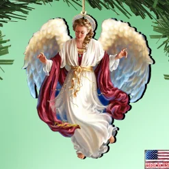 Designocracy Angels & Cherubs>Set Of 2 Angel Bringing Peace On Earth Wooden Ornaments 5.5"