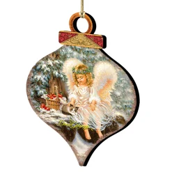 Designocracy Angels & Cherubs>Set Of 2 Angel With An Adorable Kitty Wooden Christmas Ornaments 5.5"