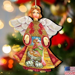 Designocracy Angels & Cherubs>Set Of 2 Angel With Mary And Joseph Wooden Christmas Ornaments 5.5"